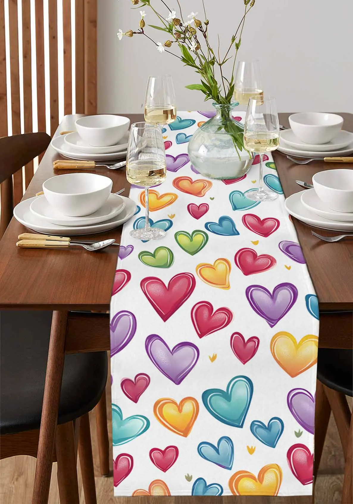 

Red Purple Heart Rainbow Love Table Runner Wedding Decor Table Runner Holiday Dining Table Decor Linen Tablecloth
