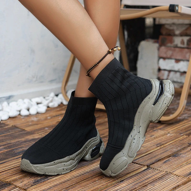 2022 New Women's Platform Shoes Ankle Sock Boots Thick Bottom Solid Color Slip on Ladies Knitted Female Shoe Casual Botas Mujer