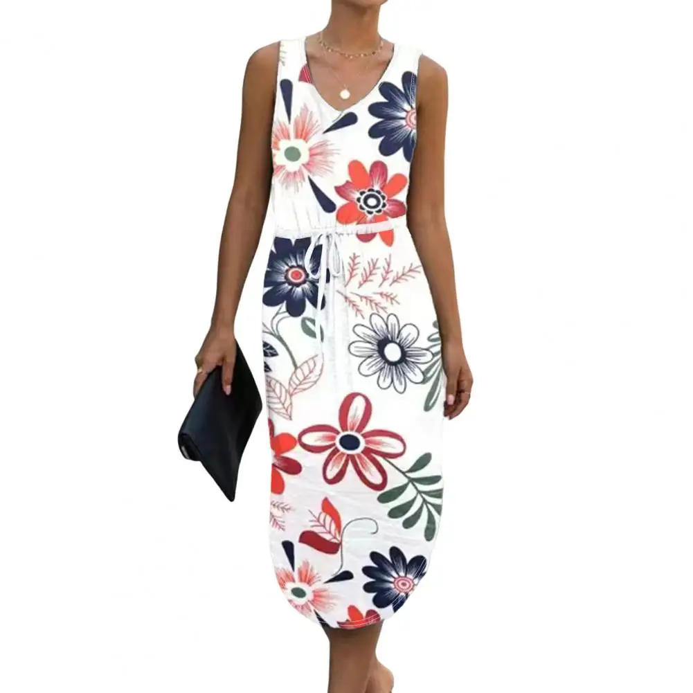 Zomer V-Hals Jurk Met Bloemenprint V-Hals Zonnejurk Slanke Taille Knielengte Midi Jurk Voor Vrouwen Elegante Zomer Mode Bloemen