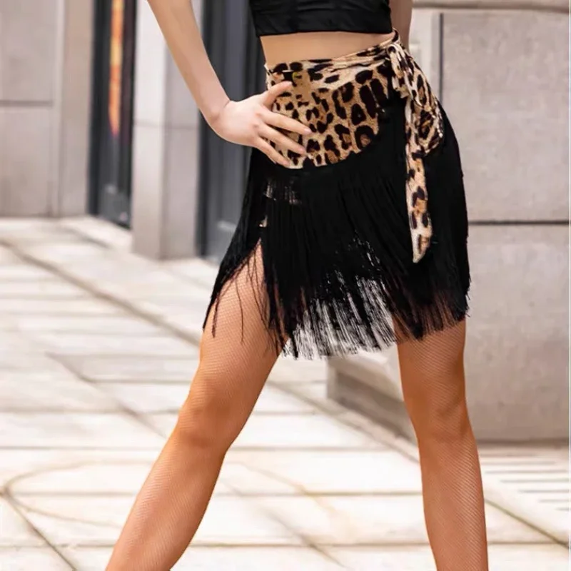 Fringe Latin Dance Skirt Leopard Sexy Adult Latin Wrap Skirts Spandex Latin Dance Dress Women\'s Black Practice Skirt Hip Scarf