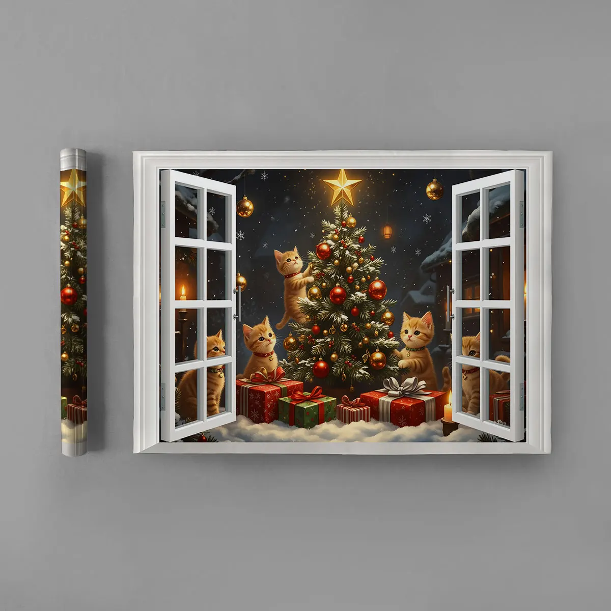 1pc simulated window wall sticker featuring a Christmas night cat window decoration painting waterproof concealing flaws