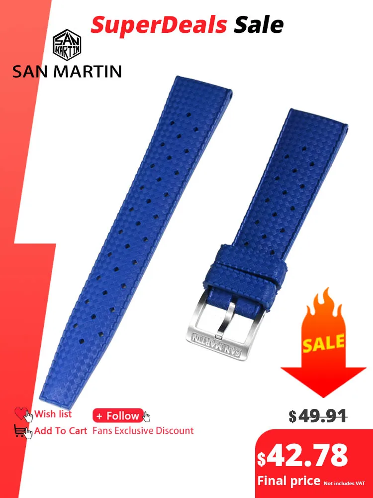 

San Martin High Quality 20mm Tropical Fluorine Rubber Strap Universal FKM Watchband Fashion Comfort 316L Steel Buckle For SN0118
