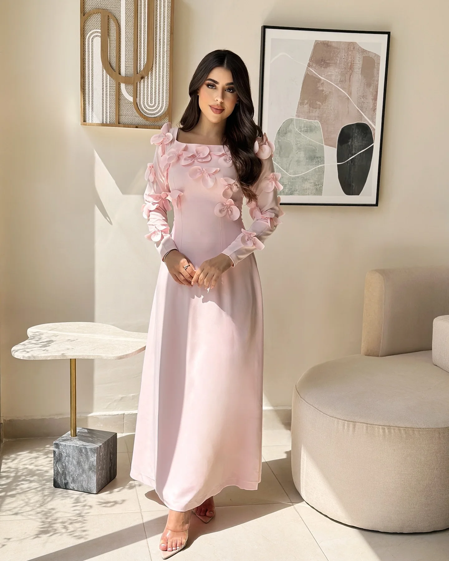 Customized Graceful Jersey 3D Flowers Evening Dresses Delicate Long Sleeves Square Neck Cocktail Dress Custom Size Par