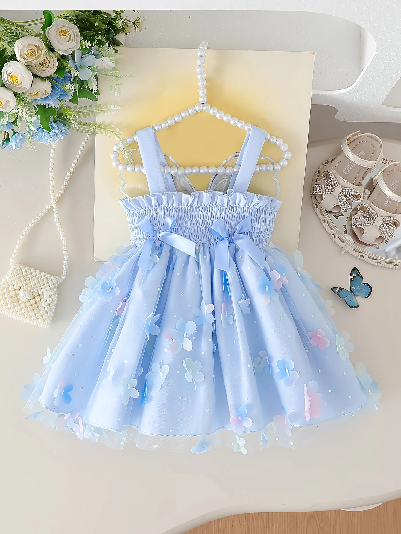 

Летнее платье для девочек в стиле принцессы: цветочный топ на бретельках, пышная юбка из сетки с завышенной талией, элегантное платье для маленьких девочек, идеальный подарок на день рождения.