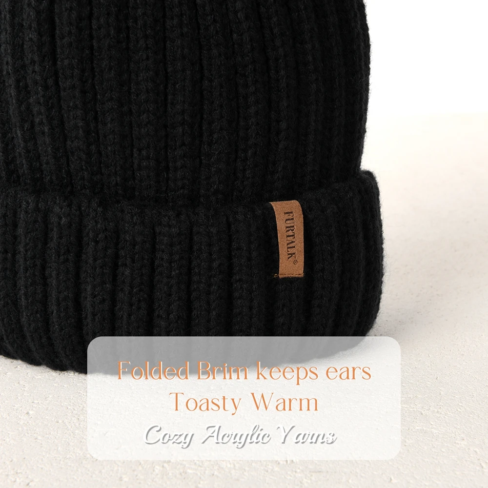 FURTALK السيدات محبوك قبعة صوف مع طبقة مزدوجة الصوف بطانة الكرة زخرفة الشتاء قبعة تزلج للجنسين الدافئة دافئ متماسكة قبعة للنساء #4