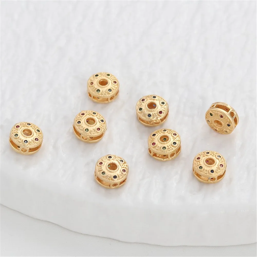 

1pcs 18K Gold-covered Color Flat Beads, Hollow-Out Inlaid Zircon, Loose Beads, DIY Bracelet, Necklace Accessories