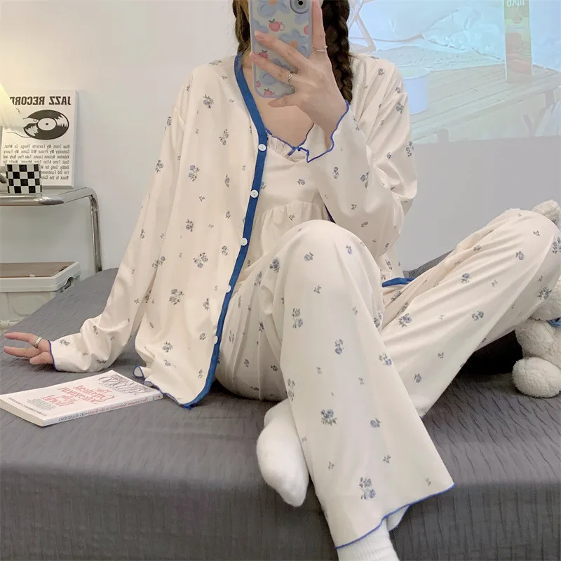 

Spring Autumn Pajamas Women New Floral Print Sleepwear Three Pieces Set Cotton Sexy Sling Top + Long Sleeve Shirt + Pant Suit