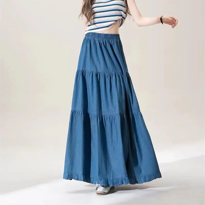 Women's Half Body Skirt Fashion Street Spring Summer Ruffled Denim Skirts High-waist Retro A-line Long Skirt
