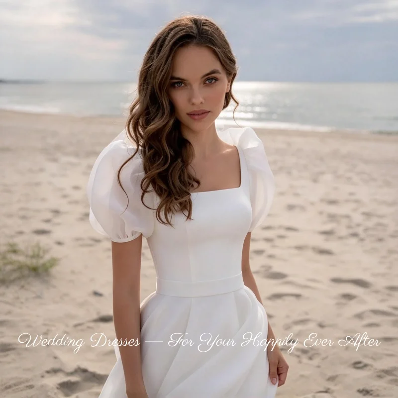 Destination Wedding Dress Simple A Line Puff Sleeve Square Neck Organza Bridal Gown Vestidos De Novia Customized