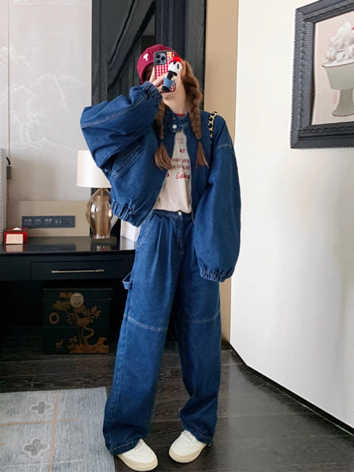 

Ретро-кэжуал комплект из джинсовой куртки и брюк для женщин, весенний модный костюм, омолаживающий уличный стиль