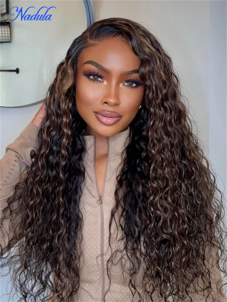 

Nadula Golden Brown Highlight Glueless Human Hair Wig Water Wave 7x5 Bye Bye Knots Lace Closure Glueless Wig 180% Density