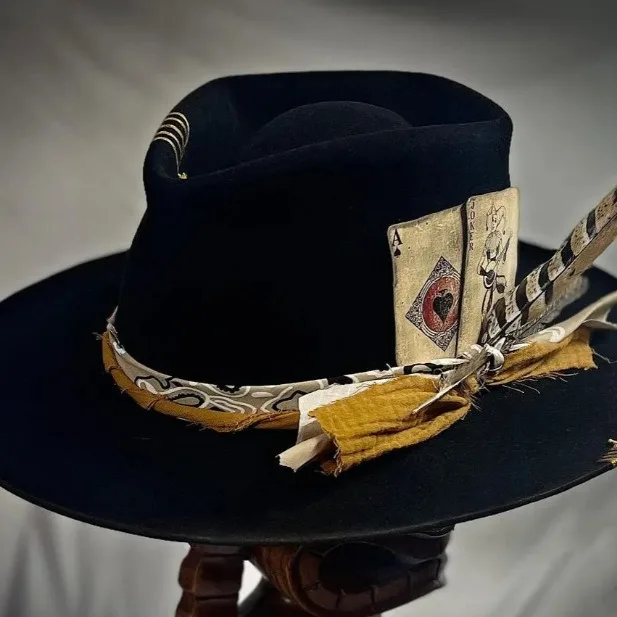 

Fashionable Wool Hat with Yellow Decorative Feathers