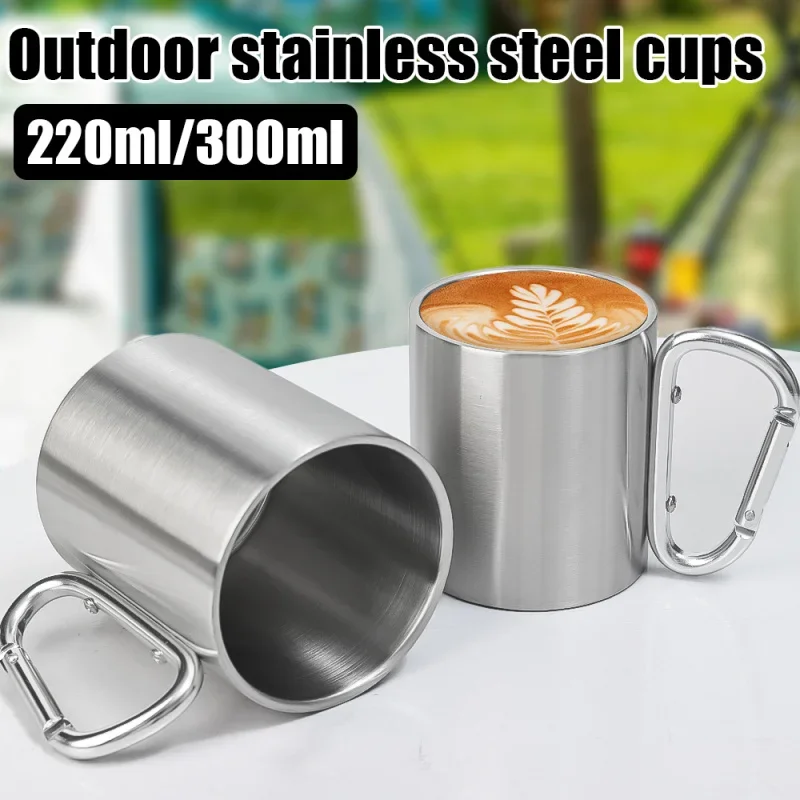 Picnic outdoor drinking glass portable coffee cup stainless steel double layer climbing button carabiner Cup camping tea cup mug