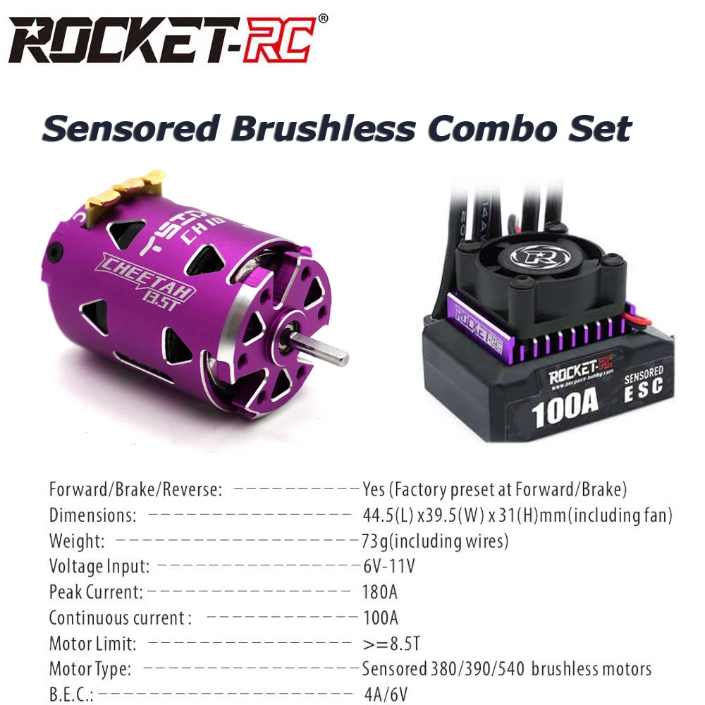 

1/10 RC Racing Car Parts ROCKET RC 100A ESC w/CH10 540 Motor 10.5T 13.5T 17.5T 21.5T Sensored Brushless Combo set 3.175mm Shaft