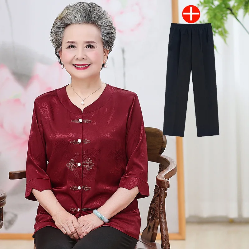 Fdfklak High End Womens Outfits Middle-Aged Elderly Mother Two Piece Sets Grandma Simulation Silk Shirt + Pant Suit