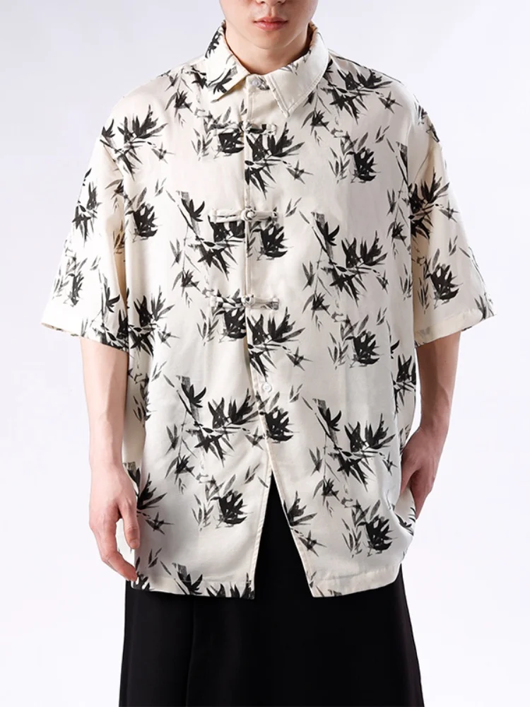 

New Chinese Style Loose Fit Men's Shirt with Bamboo Embroidery Short Sleeve Five Button Cuff Summer Fashion Casual Shirt