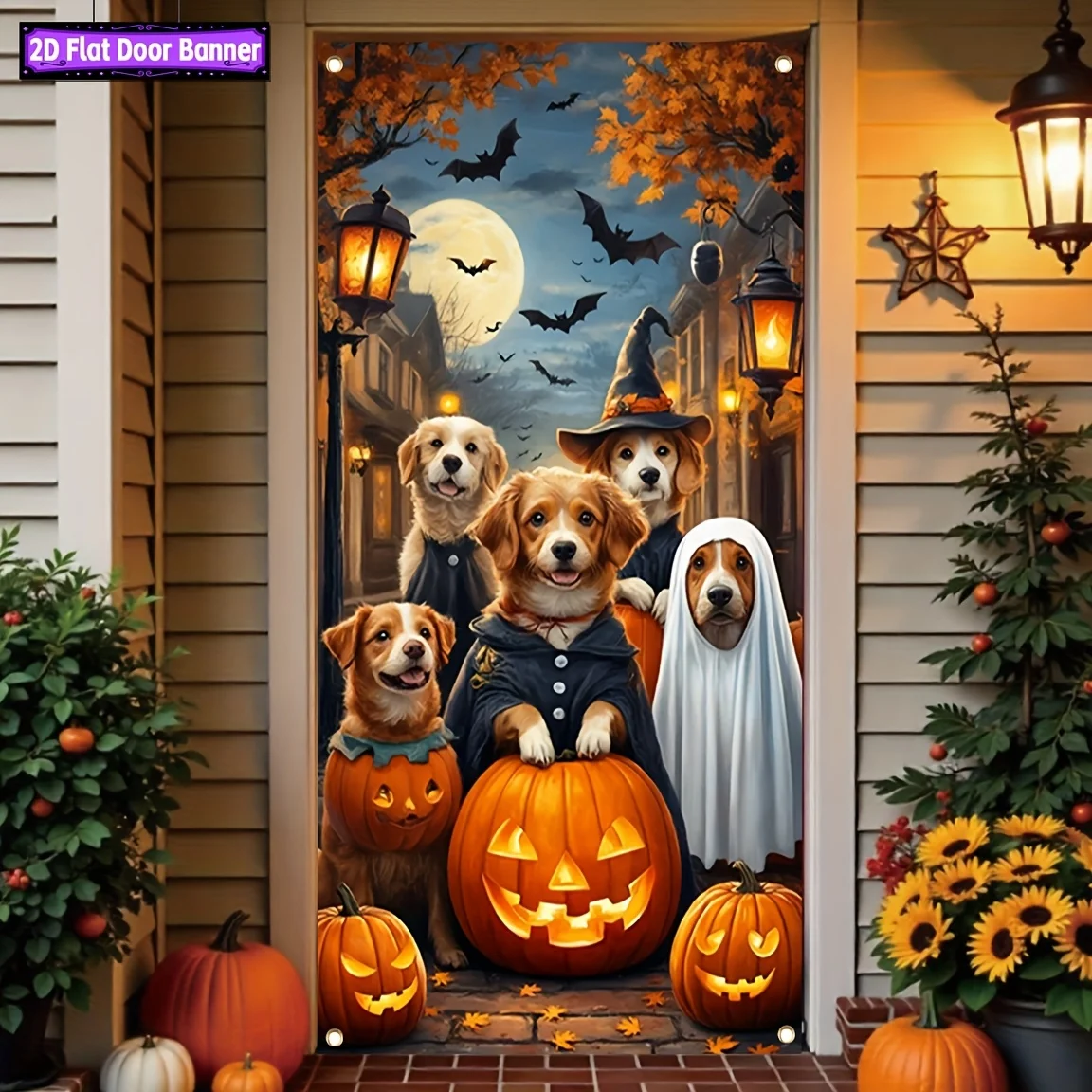 1 pancarta de puerta para disfraz de perro de Halloween, decoración plana 2D con calabaza, linterna fantasma y murciélago