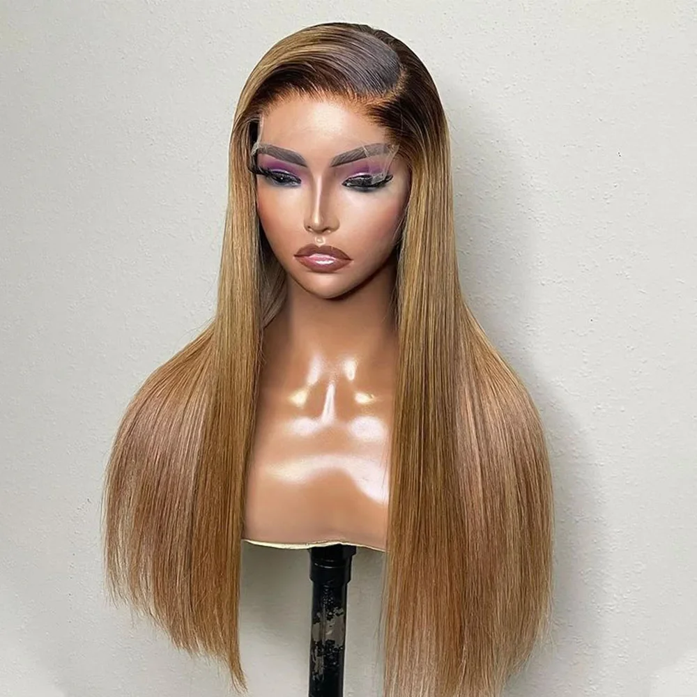 

26Inch 180%Density Straight Ombre Blonde 13*4*1 Lace Front Wigs For Women Baby Hair Preplucked Glueless Synthetic Fiber Wigs