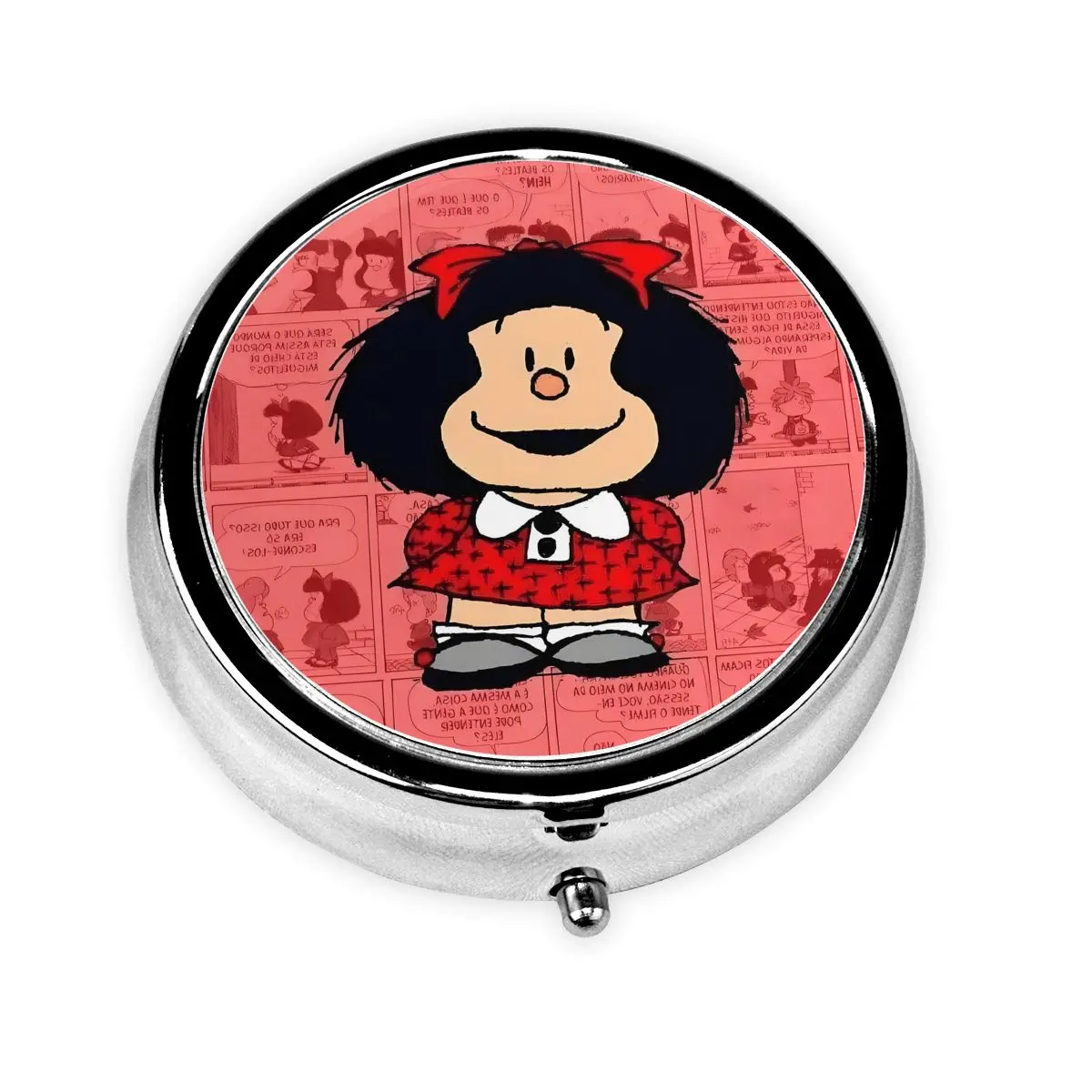 

Cute Mafalda Metal Pills Box Mini Quino Argentina Cartoon 3-Compartment Pill Organizer Container Storage Box for Travel