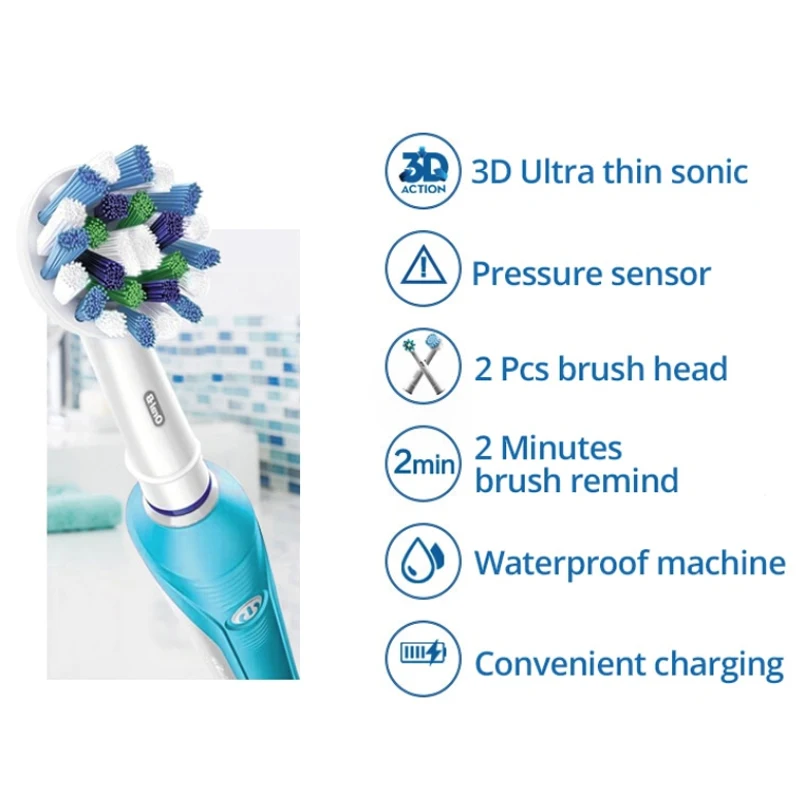 Oral B 3D Electric Toothbrush Pro600 Pressure Sensor Brush Deep Cleaning Inductive Charging Teeth Brush 6 Replacement Heads