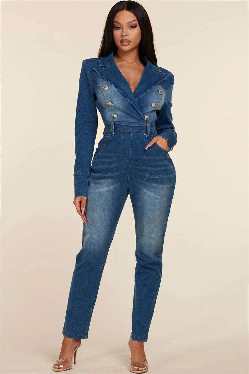 

Streetwear Denim Jumpsuits for Women Autumn Y2K Clothing Notched Collar Jean Rompers Playsuits One Pieces Sets Overalls Outfits