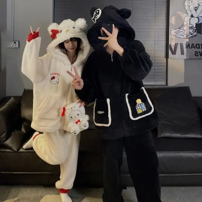 سانريو Kawaii الكرتون مرحبا كيتي الشتاء المرجان الصوف زوجين منامة الصوف بطانة سميكة الدافئة Homewear مجموعة هدية الكريسماس