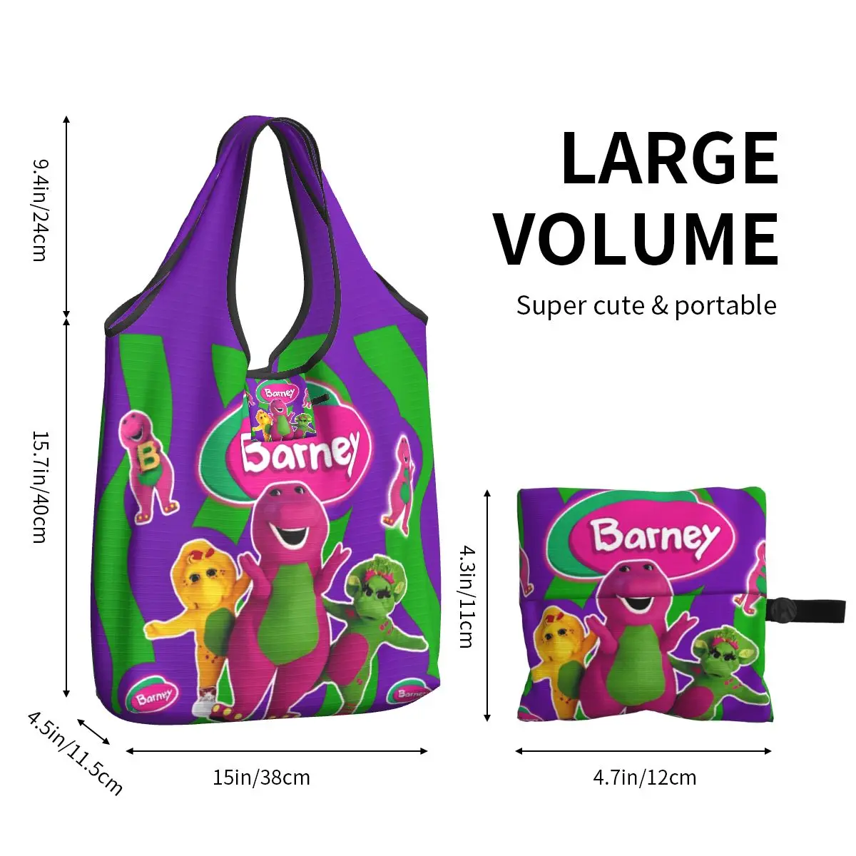 Large Reusable Barney Friends Dinosaur Grocery Bags Recycle Foldable Dinosaurs Cartoon Shopping Tote Bag Washable Lightweight