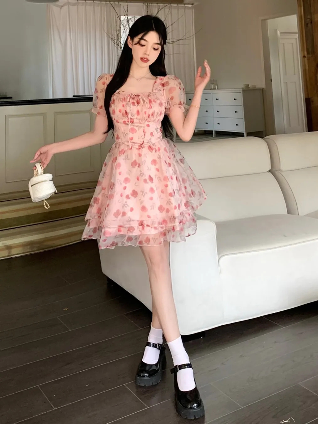 2024 Summer Sweet Fragmented Flower Skirt A-line Skirt Slimming Waist Short Sleeve Large Size Dress Women's Short Skirt