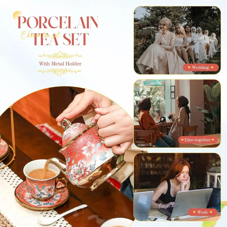Pcs Porcelain Tea Set for Adults with Metal Holder and Spoon European Ceramic Tea Party Set Flower Painting Teapot Cup Saucer fo
