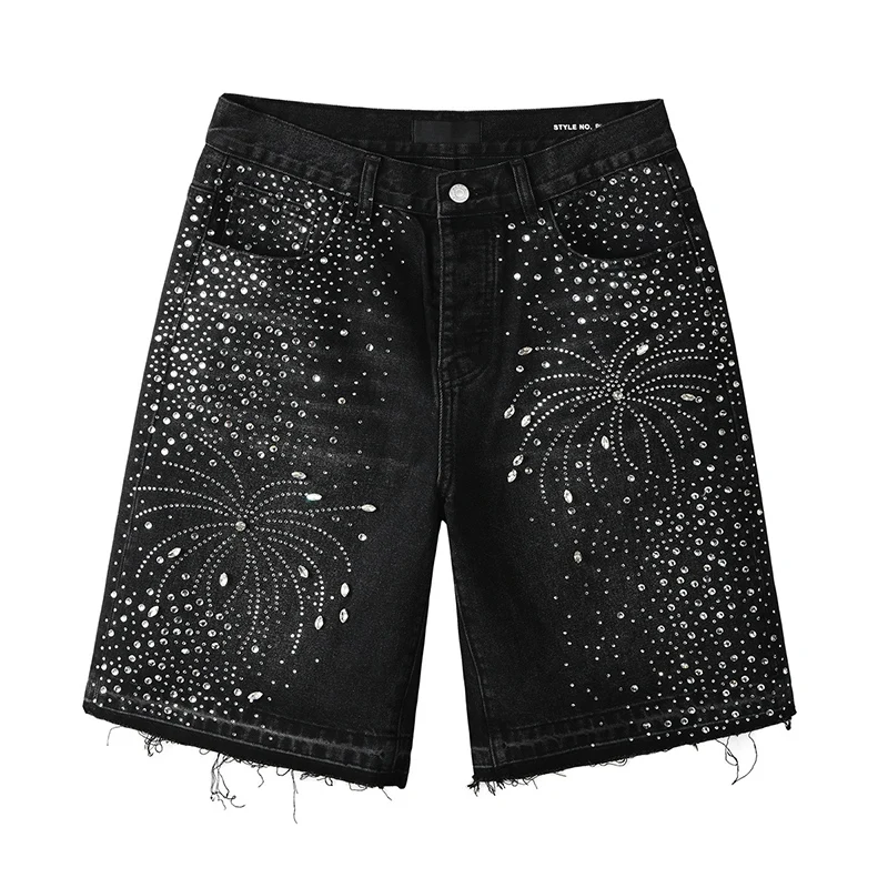 

High Street Distressed Black Rhinestones Stretch Ripped Loose Jean Raw Hem Denim Short Pants Men