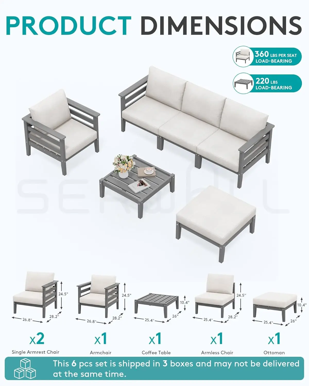 HDPE Patio Furniture Set, 6 Pieces Outdoor Sectional Sofa Set, All-Weather Wood-Like Outdoor Sofa Couch with Coffee Table for D
