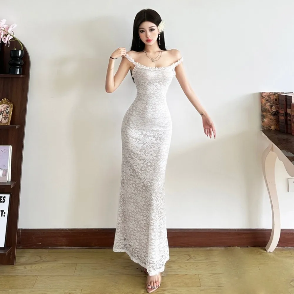 فستان ماكسي من قماش الجاكار من SylCue فستان نسائي مكشكش وأشرطة كتف بدون أكمام وظهر مكشوف ملفوف على الورك في الشارع فساتين أنيقة