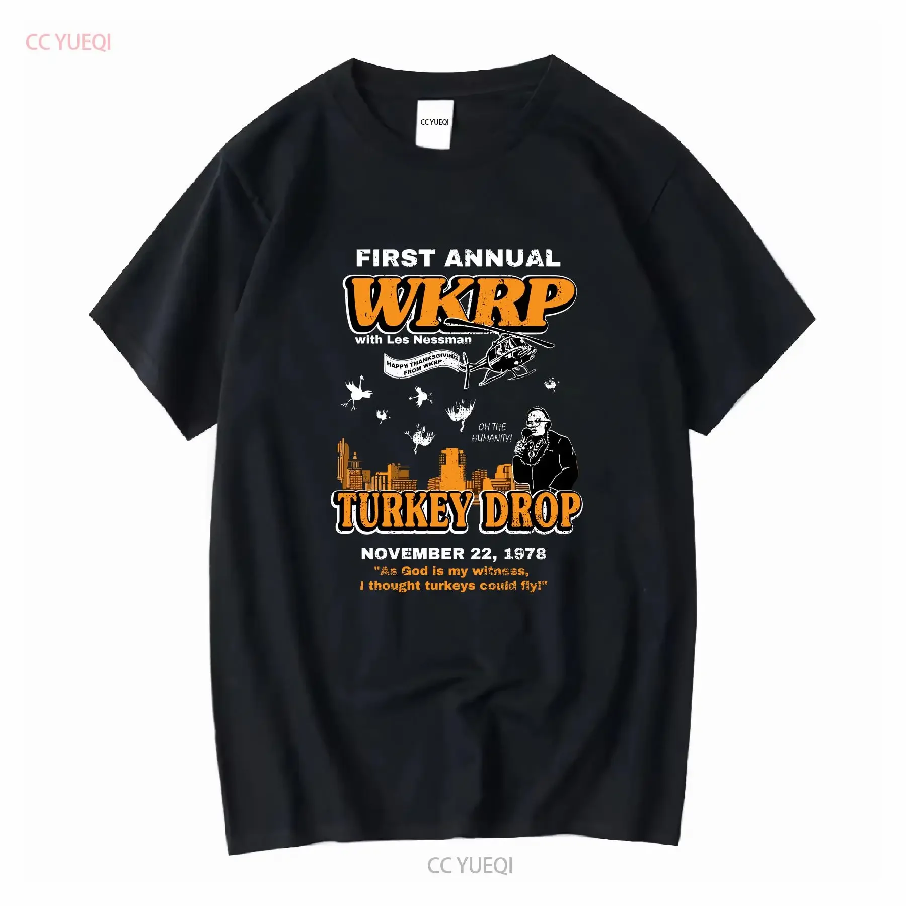 WKRP Turkey Drop T Shirt Thanksgiving Crewneck Funny Retro In Cincinnati 70's Tv Show long or short sleeves vintage Washed