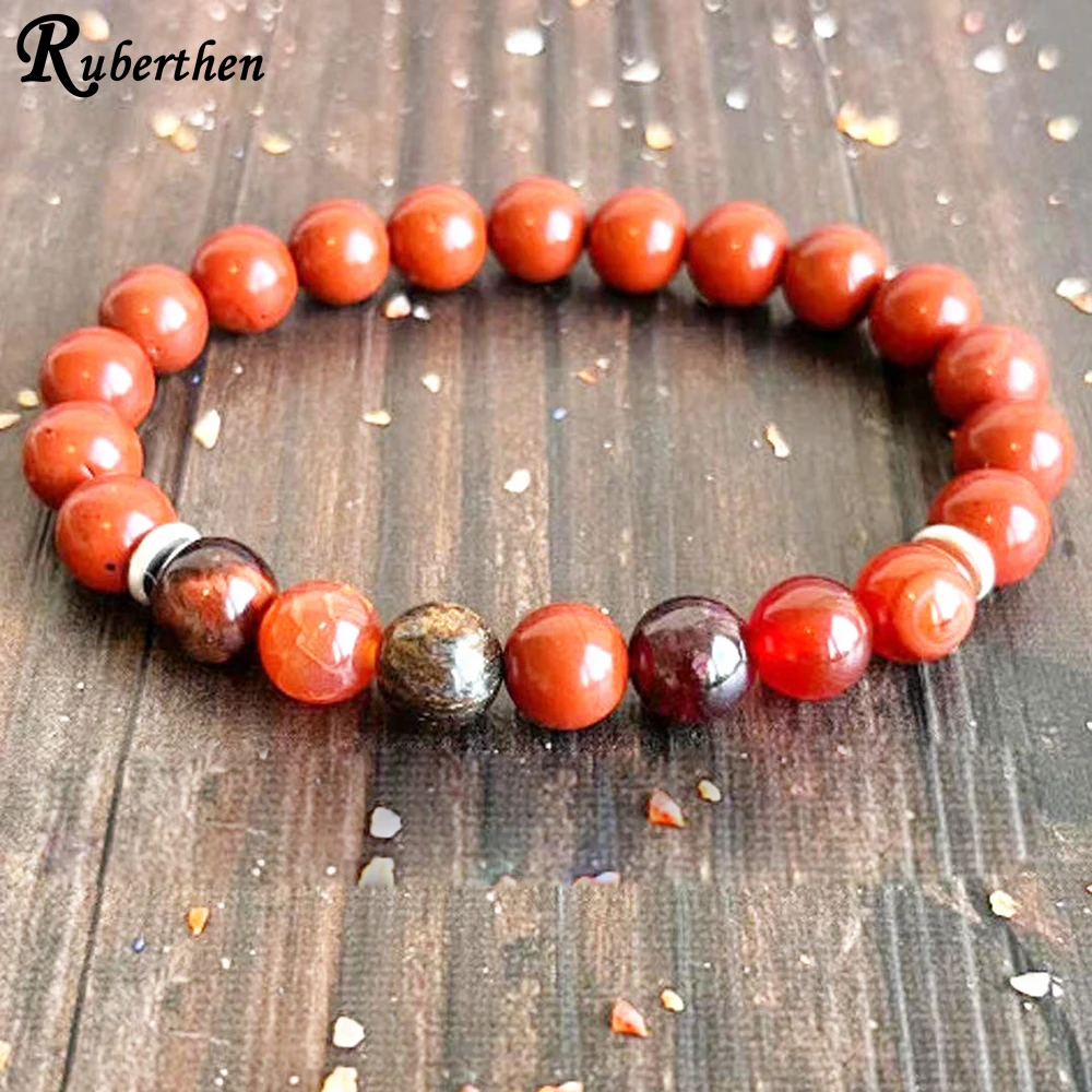 Ruberthen New Design Sacral Chakra 7 Wrist Mala Bracelet Red Jasper Tiger Eye Energy Bracelet Pyrite Garnet Jewelry