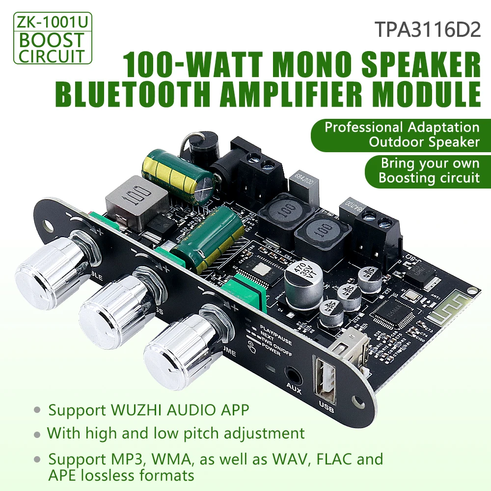 ZK-1001U Scheda amplificatore mono Bluetooth da 100 W con circuito boost TPA3116D2 Supporto ingresso USB AUX TWS DC 9–24 V