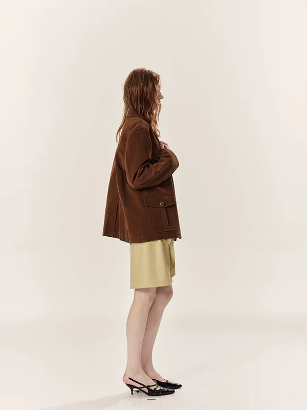 Tee Goood PU Leather Suit Jaet with Matte Fini And 3D kets Women's Casual Sle Double Button Coat for Winter