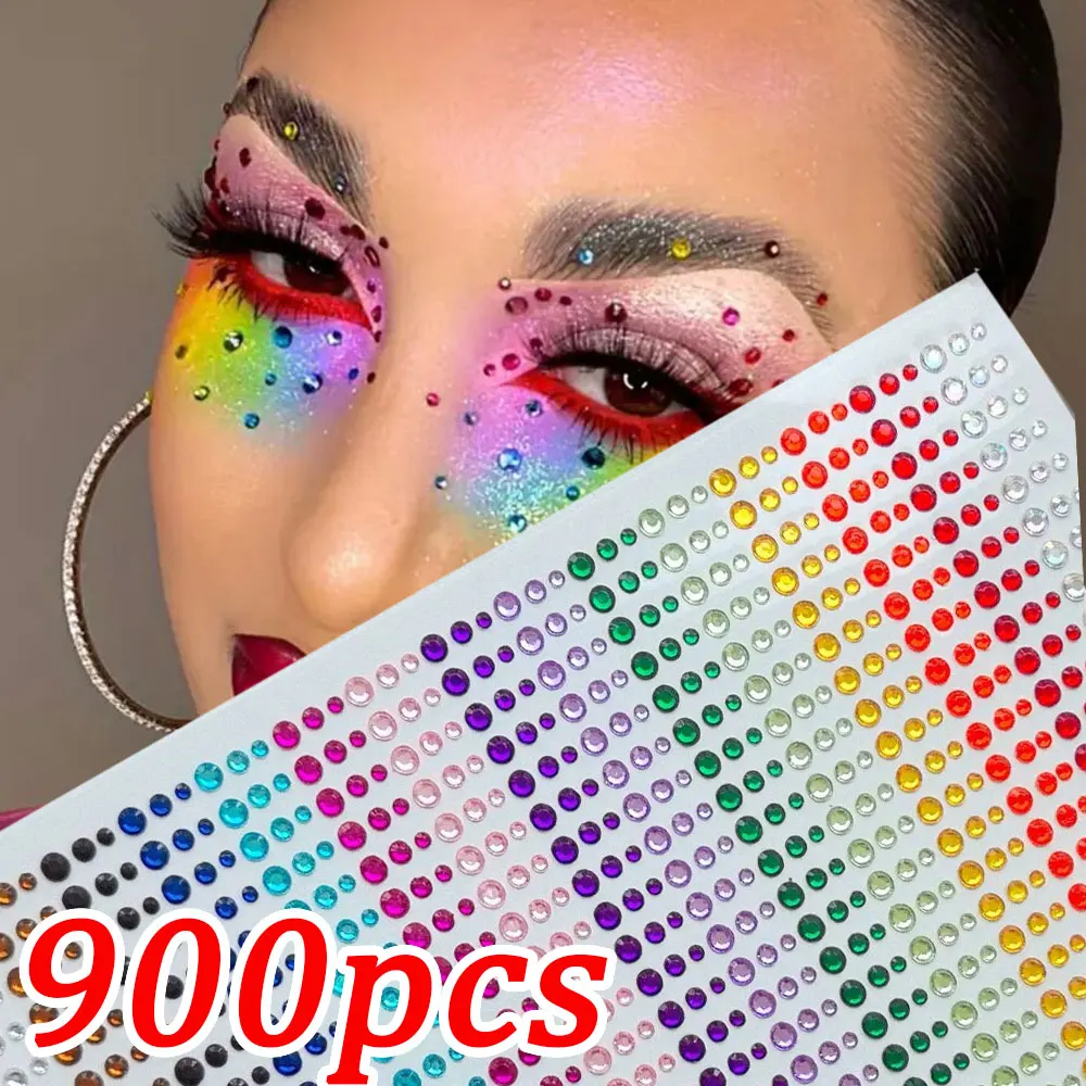 

1sheet 900pcs Rainbow Face Glittle Gem Stickers Stick-On Facial Tattoo Eye Rhinestone Jewels 3/4/5mm Mix Wedding Party Make Up