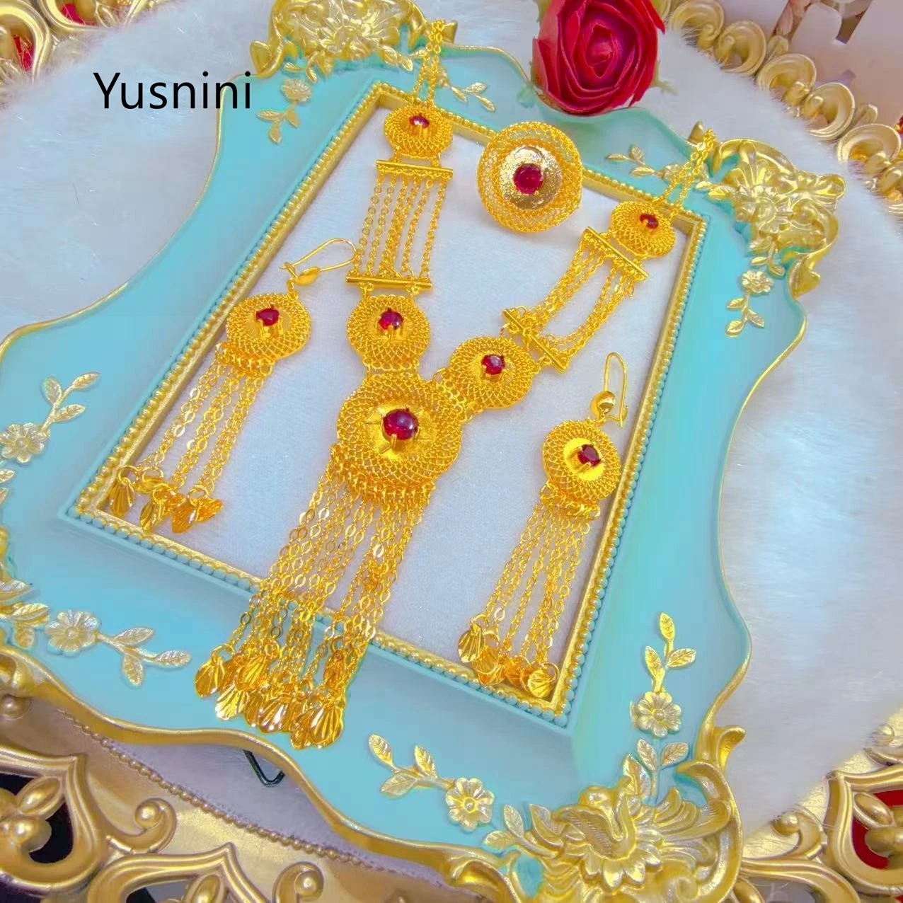 New Dubai Fashion High-end 24K Gold Plated Necklace Earrings Ring Exquisite Engagement Party Jewelry Set for Beloved