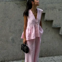 Summer Loose Pink Cotton 2 Piece Set Loungewear Women Outfit Fashion Sleeveless Tank Top With High Waist Wide Pants Set Female