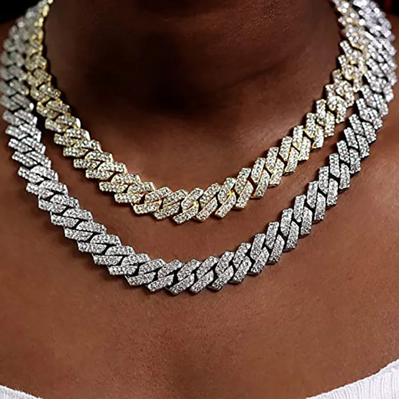 ULJ 14mm Prong Miami Cuban Link Chain Iced Out Necklace Silver Color Bling Rhinestones for Women Man Hip Hop Jewelry