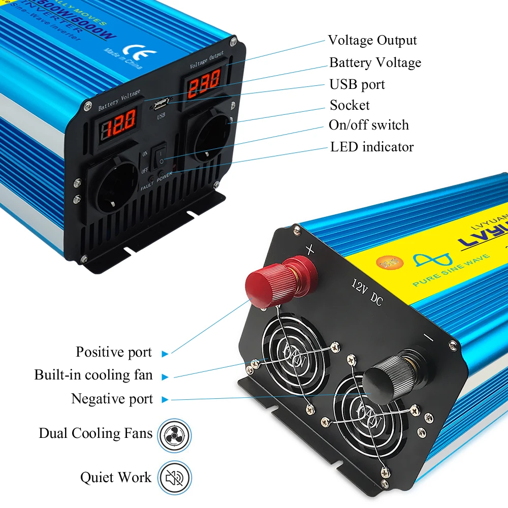 Inverter Pure Sine Wave 5KW 6KW 7KW 8KW 12V 24V 110V 220V DC TO AC UN EU US Socket Transformer Remoto Control Car Solar Inverter