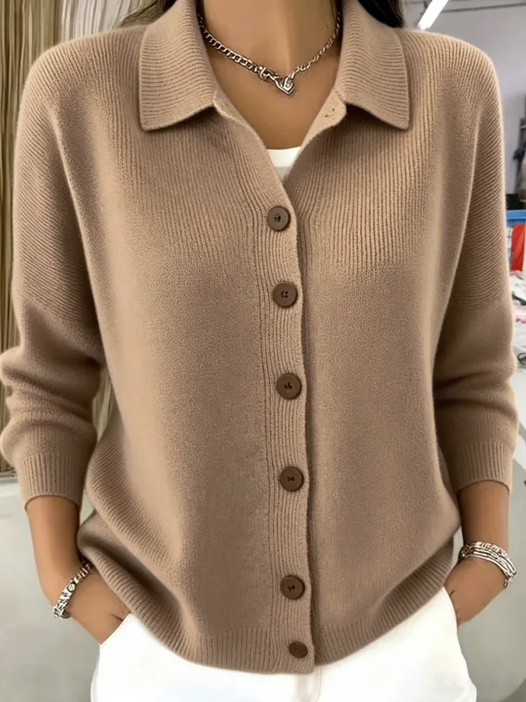 Europäische und amerikanische Übergrößen-Damenbekleidung, Herbst- und Winter-High-End-elegante Mode-Cardigan-Strickjacke mit Revers für Damen – Detail 7