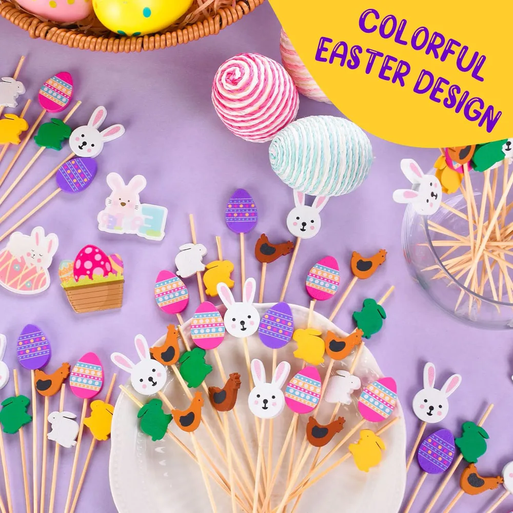 100pcs Easter Disposable Food Fork Bamboo Skewers Rabbit Easter Eggs Fruit Sticks Sandwich Buffet Stick Easter 2024 Decoration