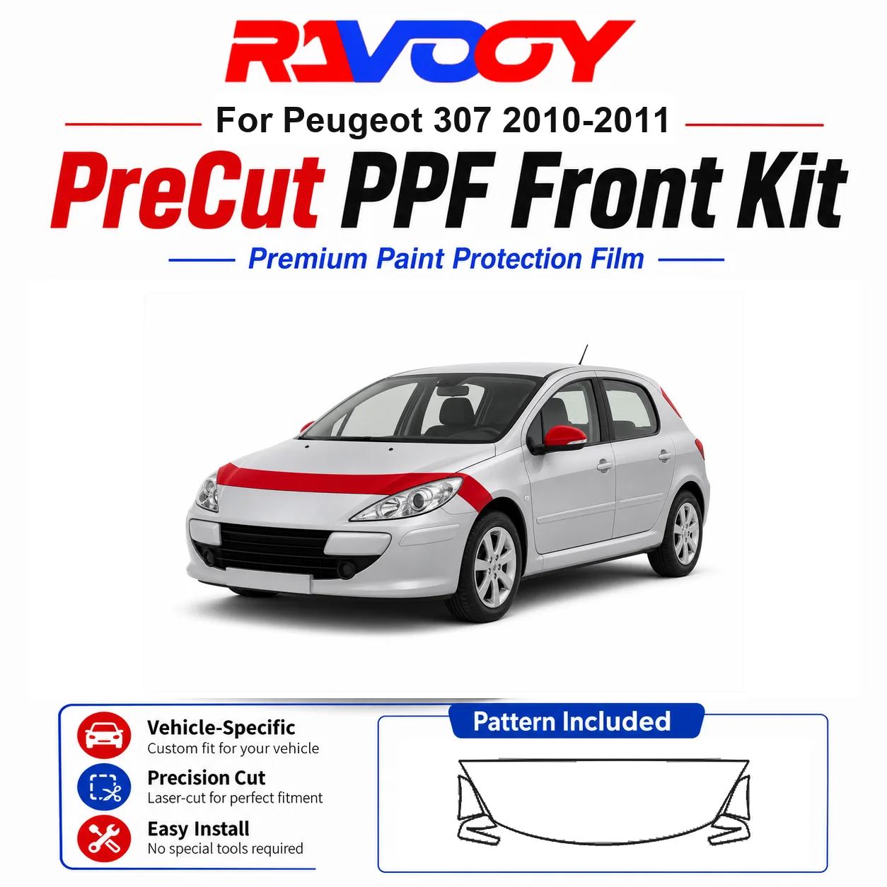

8.5mil TPU Precut PPF Kit For Peugeot 307 2010-2011 - Hood, Fenders & Mirror Set - Self-Healing Clear Bra Film
