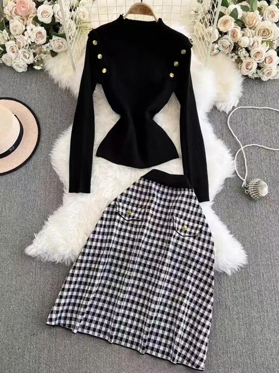 

New Autumn Winter two piece set for women Half High Collar Long Sleeve Buttons Knitted Sweater Top + A-line Plaid Skirt OL Suits