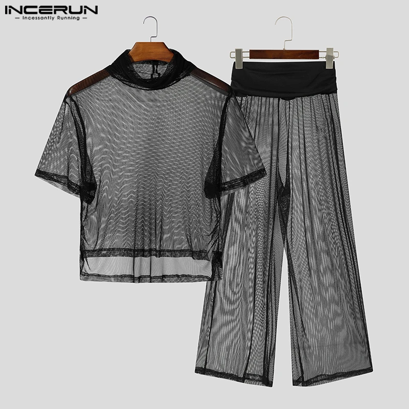 

INCERUN Men Sets Mesh See Through Sexy Turtleneck Short Sleeve T Shirt & Pants 2PCS Streetwear Summer 2025 Fashion Men's Suits