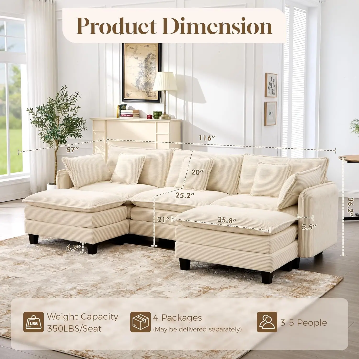 

116' Beige Corduroy U-Shape Modular Sofa, Oversized 3-Seater Sectional for Living Room or Bedroom