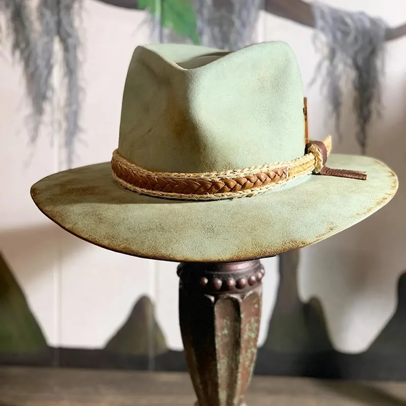 

Jazz Hat, Distressed Style Wool Hat, Outdoor Multi-Color Ribbon Decorated Wool Felt Hat