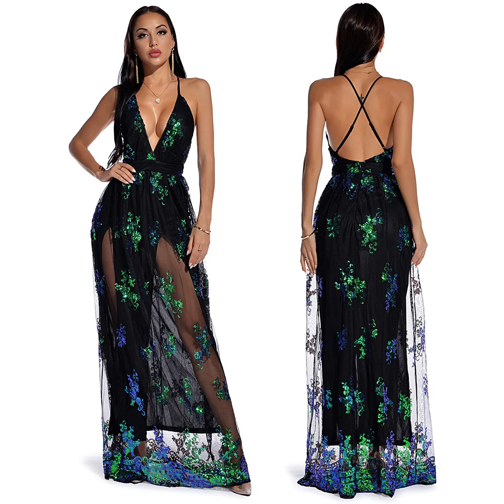 

BKLD Sexy Spaghetti Strap Embroidery Sequin Dress V-Neck Backless Elegant Evening Party New In Dresses Womens Clothing