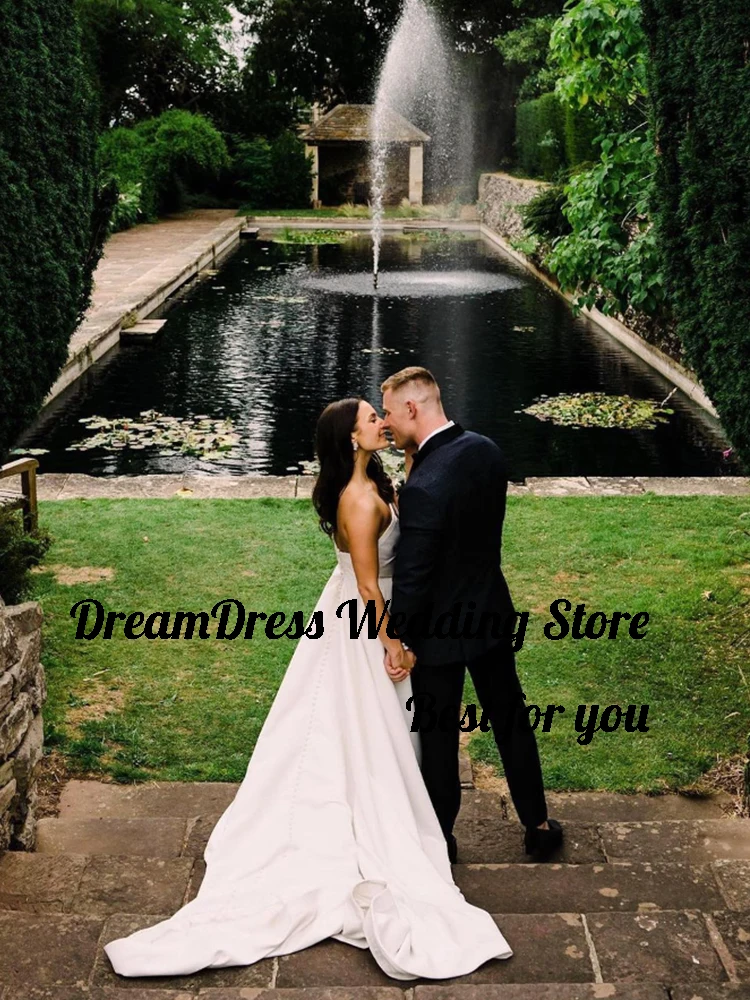 Dream-Marfim cetim A-Line vestido de casamento para mulheres, sem alças, decote em v, vestidos de noiva sem costas, Sweep Train, personalizado, moderno